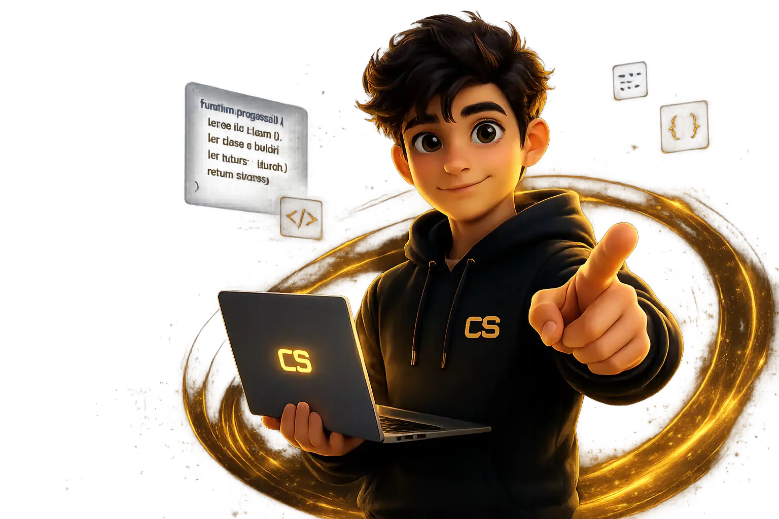 طالب من Code Spark يحمل حاسوبًا ويدعو المتعلمين لبدء البرمجة